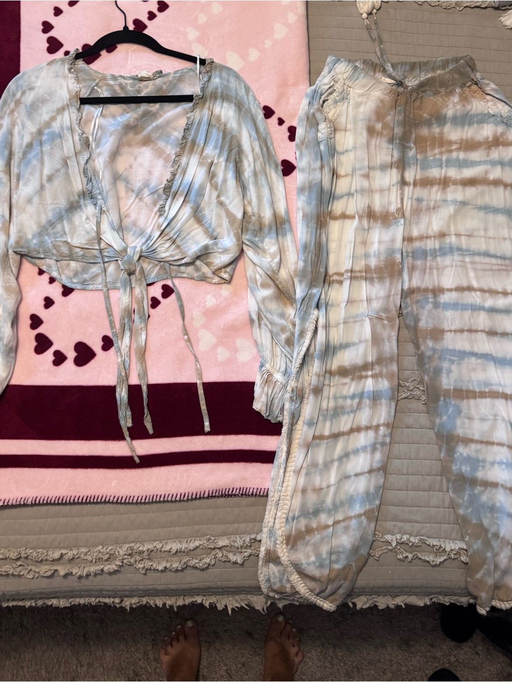 Tie-Dye Two-Piece Jumpsuit Set - Light Blue & Beige